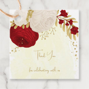 Romantic dark red & white flowers gold favor tags