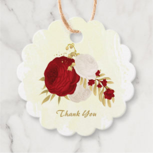 Romantic dark red & white flowers gold favor tags