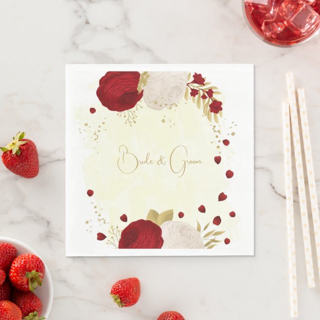 Romantic dark red & white flowers gold napkins (Insitu)