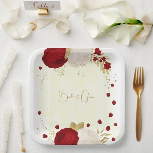 Romantic dark red  white flowers gold paper plates