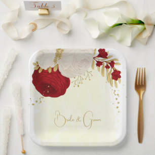 Romantic dark red & white flowers gold paper plates