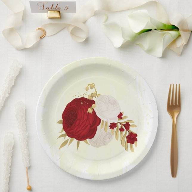 Romantic dark red & white flowers gold paper plates (Wedding)