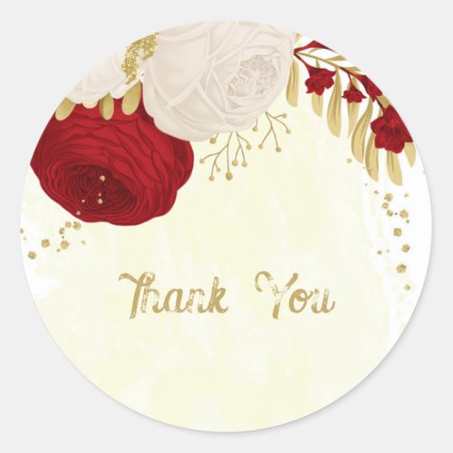 Romantic dark red  white flowers gold wedding classic round sticker