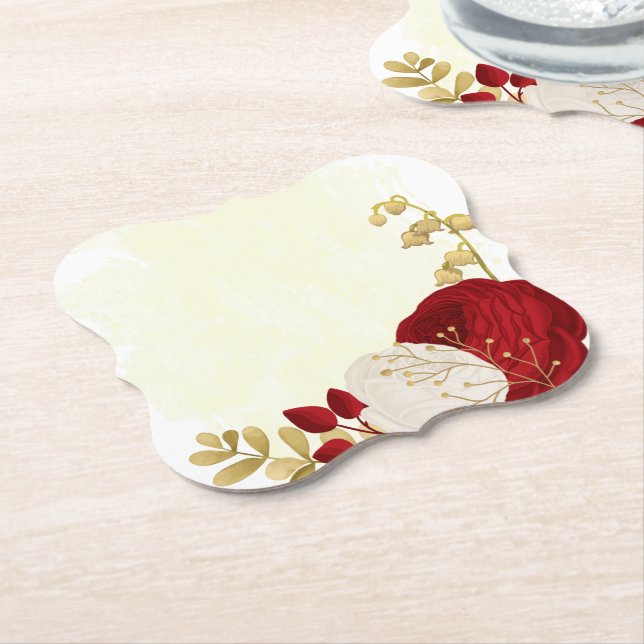 Romantic dark red & white flowers gold wedding paper coaster (Angled)
