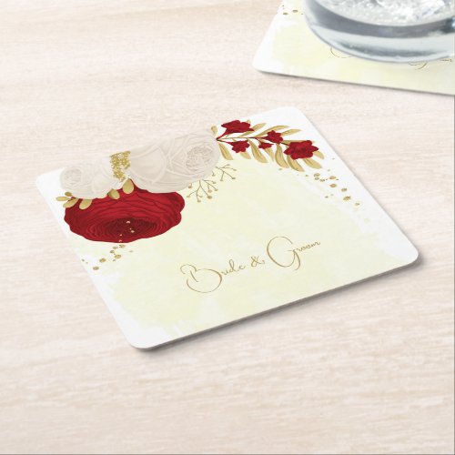 Romantic dark red  white flowers gold wedding square paper coaster