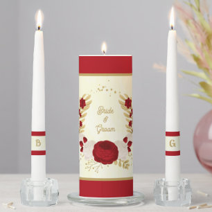 Romantic dark red & white flowers gold wedding unity candle set