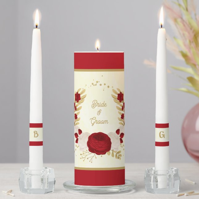 Romantic dark red & white flowers gold wedding unity candle set (In Situ)
