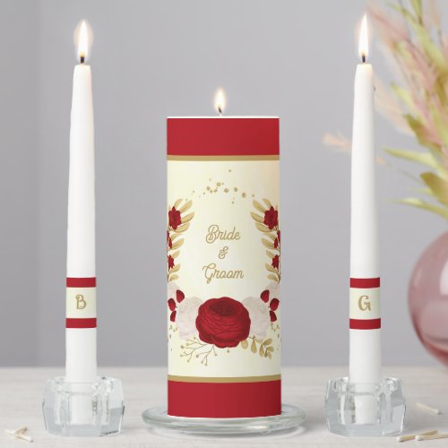 Romantic dark red  white flowers gold wedding unity candle set