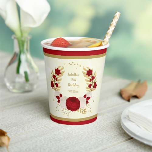Romantic dark red  white flowers gold wreath paper cups