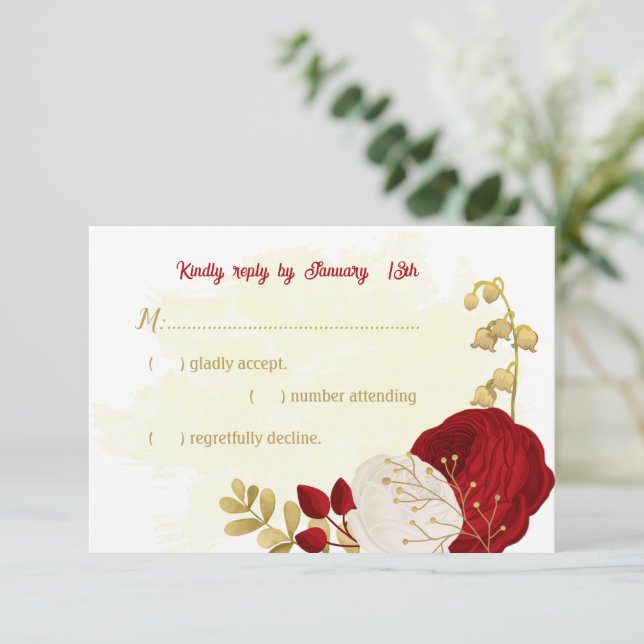 Romantic dark red & white flowers RSVP card (Standing Front)