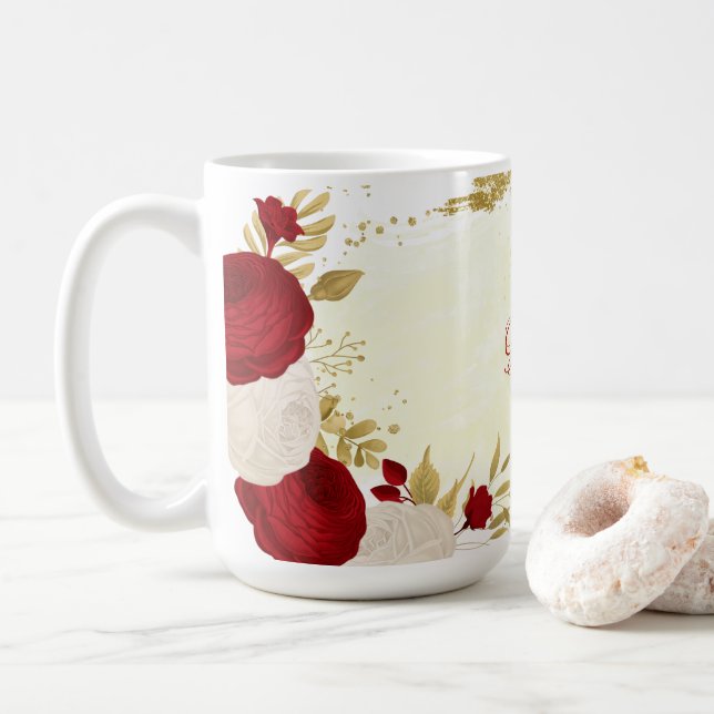 Romantic dark red & white flowers wedding coffee mug (With Donut)