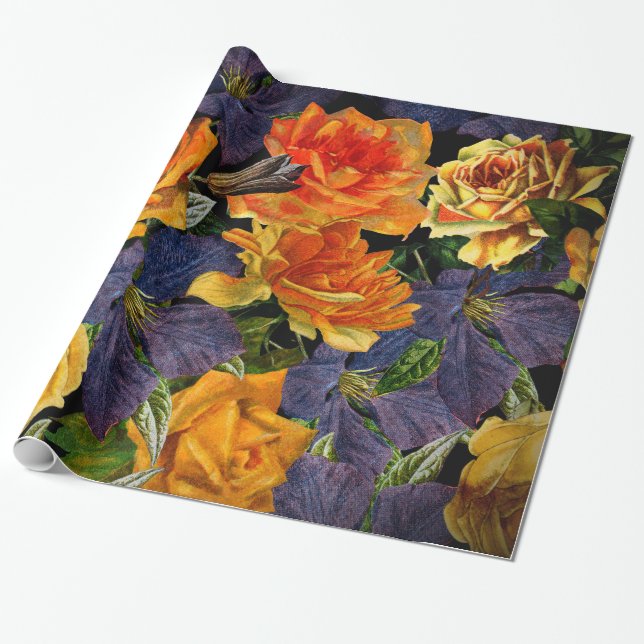 Romantic dark vintage rose flower pattern wrapping paper (Unrolled)