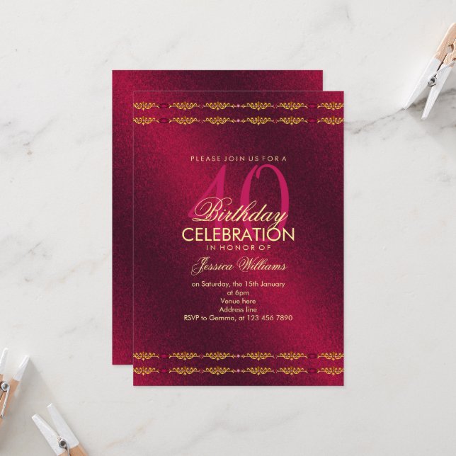 Romantic Decorative Border, Garnet Gem Birthday Invitation (Front/Back In Situ)