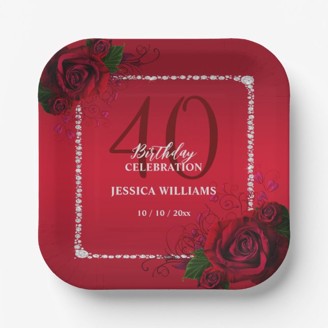 Romantic Decorative Roses Birthday Party Paper Plates (Front)