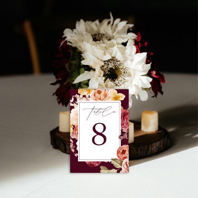 Romantic Deep Burgundy Floral  Bridal Shower  Table Number (Creator Uploaded)