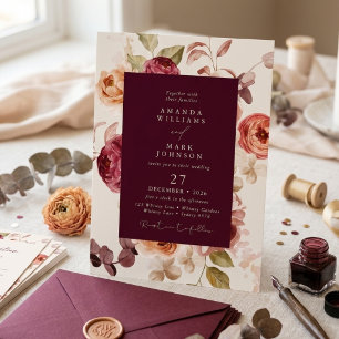 Romantic Deep Burgundy Floral Elegant Wedding Invitation