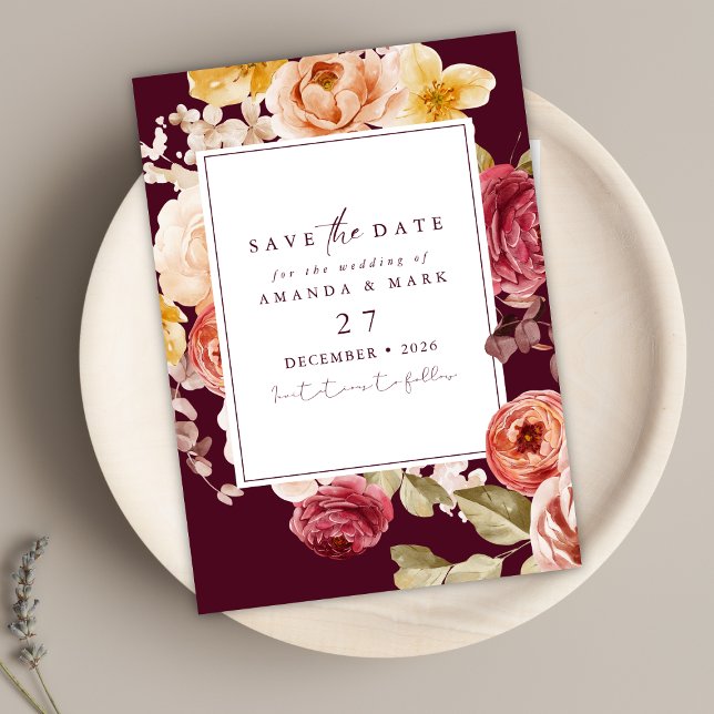 Romantic Deep Burgundy Floral Save the date   Invitation (Creator Uploaded)
