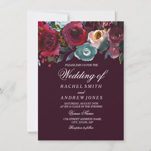 Romantic Deep Burgundy Floral Wedding Invitation