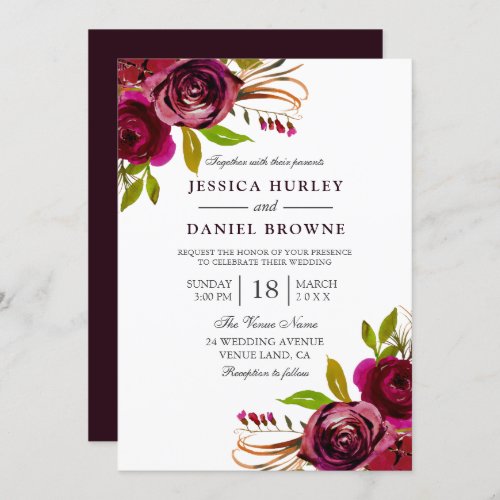 Romantic Deep Burgundy Red Rose Wedding Invitation
