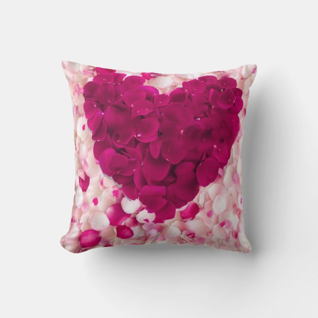 Romantic Deep Pink Rose Petal Heart Throw Pillow (Front)