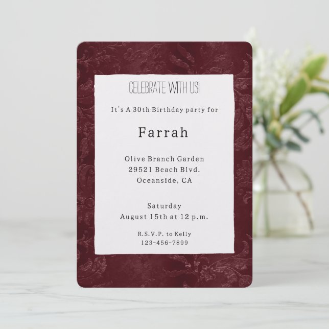 Romantic Deep Red Burgundy Floral Birthday   Invitation (Standing Front)