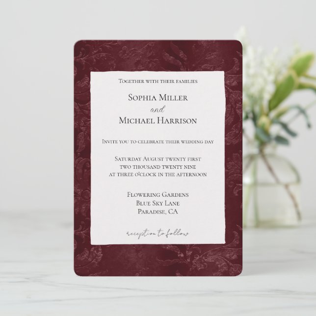Romantic Deep Red Burgundy Floral Wedding Invitation (Standing Front)