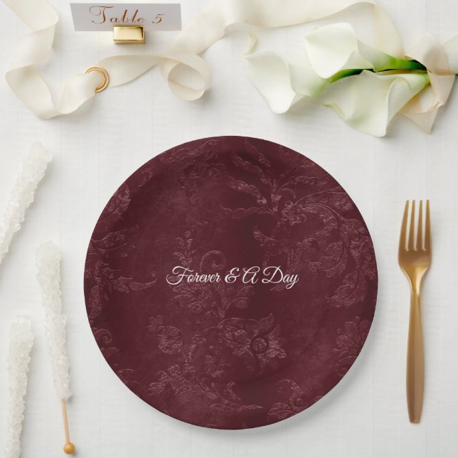 Romantic Deep Red Burgundy Floral Wedding Paper Plates (Wedding)