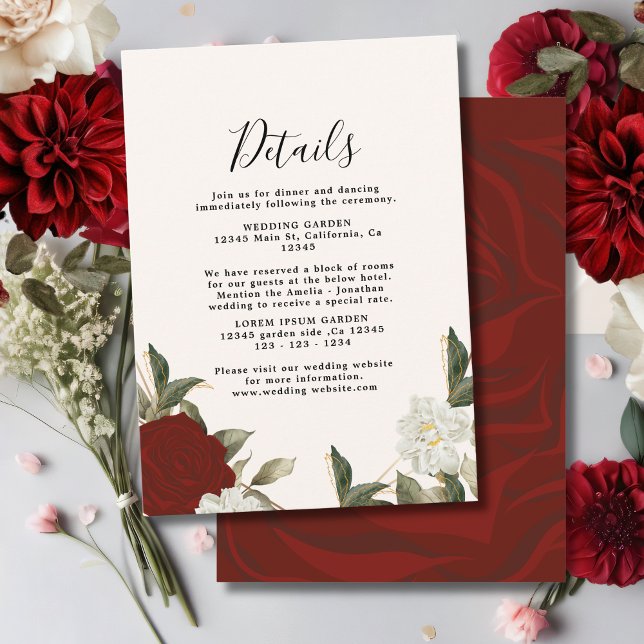 Romantic deep red rose floral Wedding details Enclosure Card (Creator Uploaded)