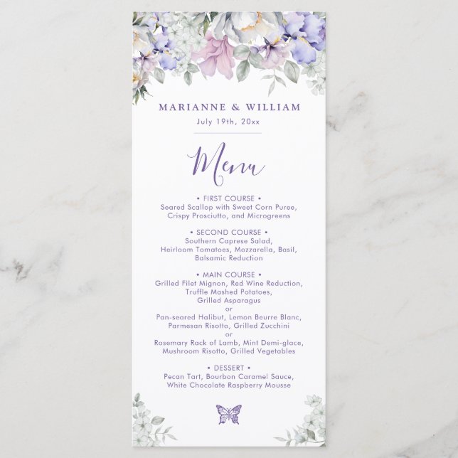 Romantic Delicate Floral Lavender Wedding Dinner Menu (Front)