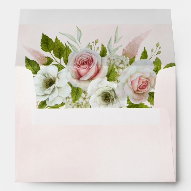 Romantic Delicate Pink Watercolor Roses Wedding  Envelope (Back (Bottom))