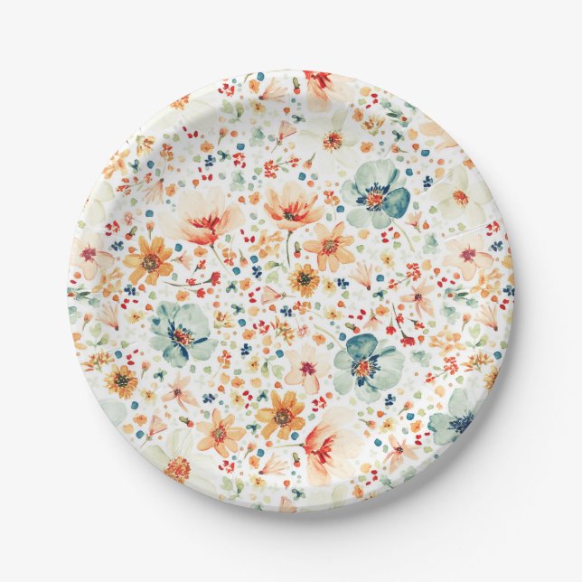 Romantic Delicate Watercolor Flowers Garden Party Paper Plates (Front)