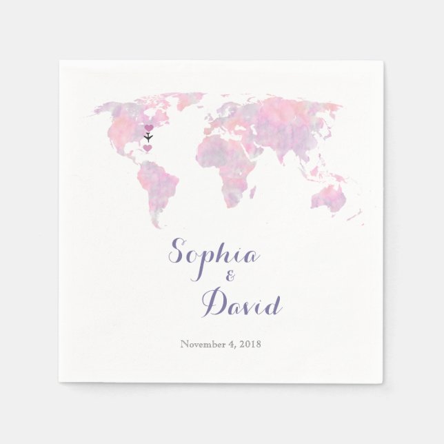 Romantic Destination Wedding Watercolor World Map Napkins (Front)
