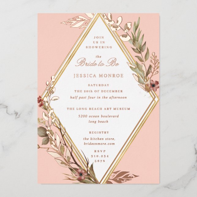 Romantic Diamond Floral Bridal Shower Foil Invitation (Front)