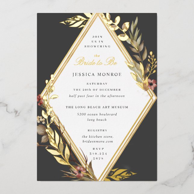 Romantic Diamond Floral Gray Bridal Shower Foil Invitation (Front)