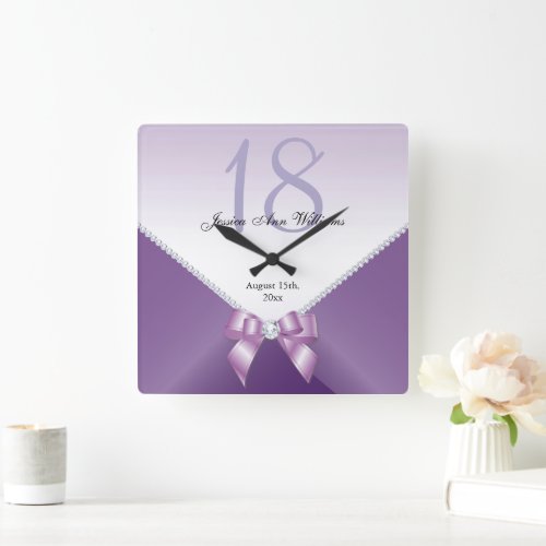 Romantic Diamonds  Bow Birthday  Square Wall Clock