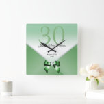 Romantic Diamonds & Emerald Bow 30th Birthday   Square Wall Clock<br><div class="desc">Beautiful romantic, sophisticated classy and stylish 30th birthday wall clock suitable for female events. With a pretty feminine gradient background in emerald colors and a green envelope design with glamorous rhinestone diamonds gems seperating the two colors, and a glamorous emerald green bow with a diamond center. All text, font and...</div>