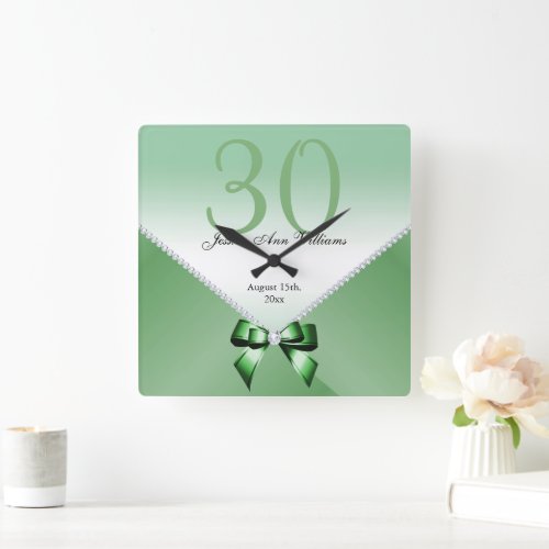 Romantic Diamonds  Emerald Bow 30th Birthday   Square Wall Clock