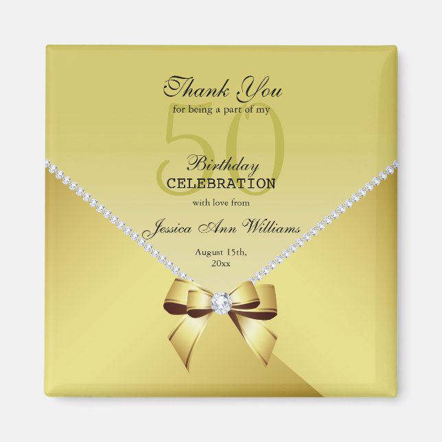 Romantic Diamonds & Gold Bow 50th Birthday Magnet (Front)