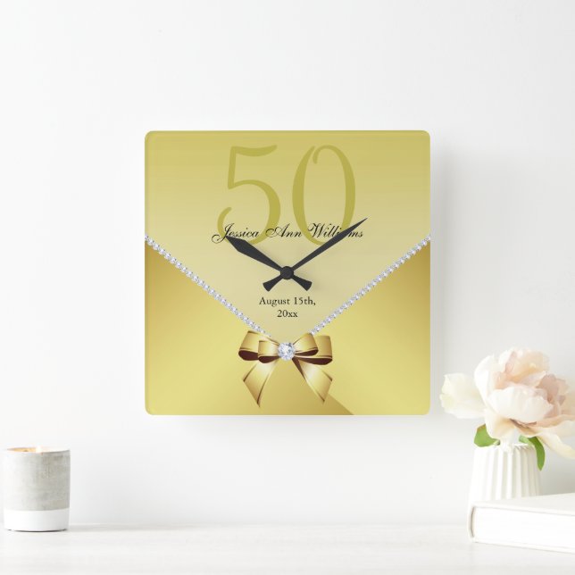 Romantic Diamonds & Gold Bow 50th Birthday Square Wall Clock (Home)