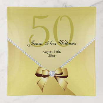 Romantic Diamonds & Gold Bow 50th Birthday Trinket Tray by shm_graphics at Zazzle