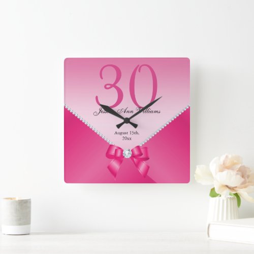 Romantic Diamonds  Pink Bow 30th Birthday  Square Wall Clock