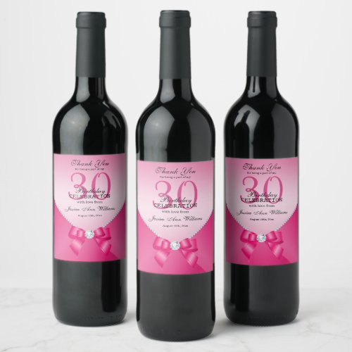 Romantic Diamonds  Pink Bow 30th Birthday Wine  Wine Label