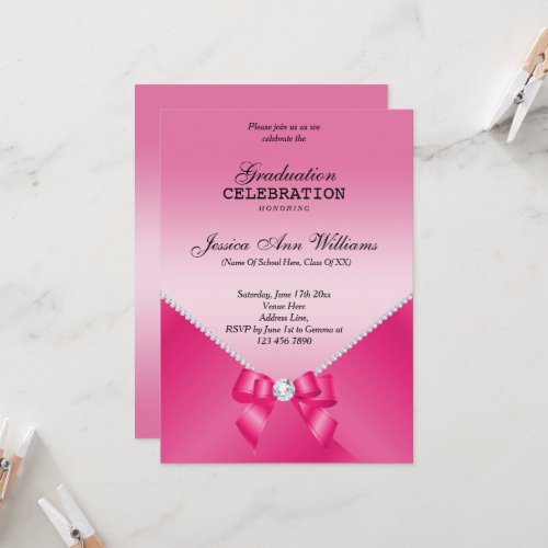 Romantic Diamonds  Pink Bow Graduation  Invitation