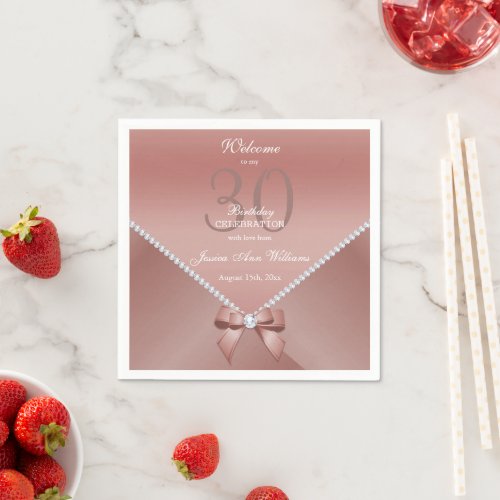 Romantic Diamonds  Rose Gold Bow 30th Birthday   Napkins