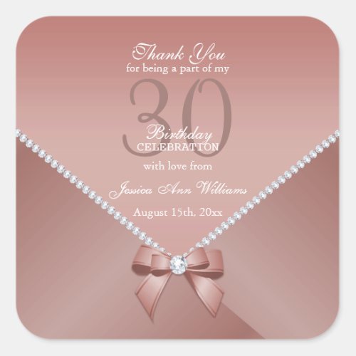 Romantic Diamonds  Rose Gold Bow 30th Birthday   Square Sticker