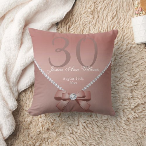 Romantic Diamonds  Rose Gold Bow 30th Birthday   Throw Pillow