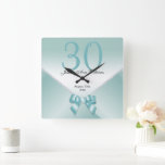Romantic Diamonds & Teal Bow 30th Birthday   Square Wall Clock<br><div class="desc">Beautiful romantic, sophisticated classy and stylish 30th birthday wall clock suitable for female events. With a pretty feminine gradient background in teal colors and a teal envelope design with glamorous rhinestone diamonds gems seperating the two colors, and a glamorous teal bow with a diamond center. All text, font and font...</div>
