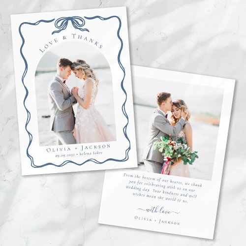 Romantic Doodle Coquette Bow Blue Wedding Photo Thank You Card