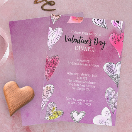 Romantic Doodle Watercolor Hearts Valentine's Day