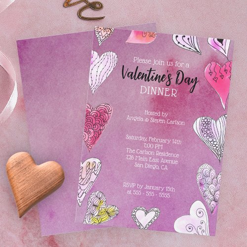 Romantic Doodle Watercolor Hearts Valentines Day Invitation